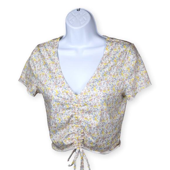 SHEIN Cream Floral Knit V-Neck Rusched Top M NWOT - Picture 1 of 6